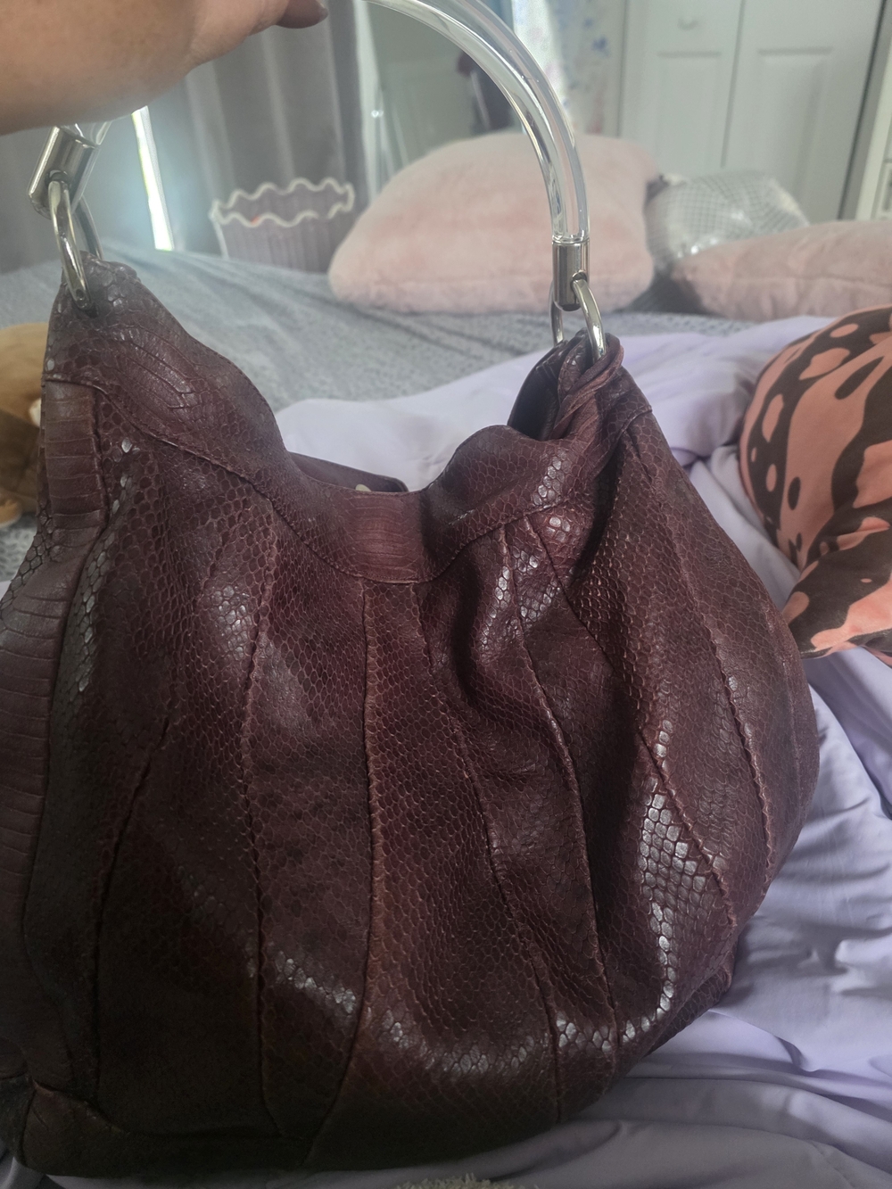 Furla Burgundy Embossed Leather Hobo Shoulder Bag With Clear handle